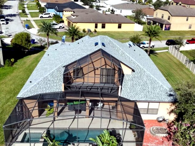 Completed roof over a screened pool enclosure