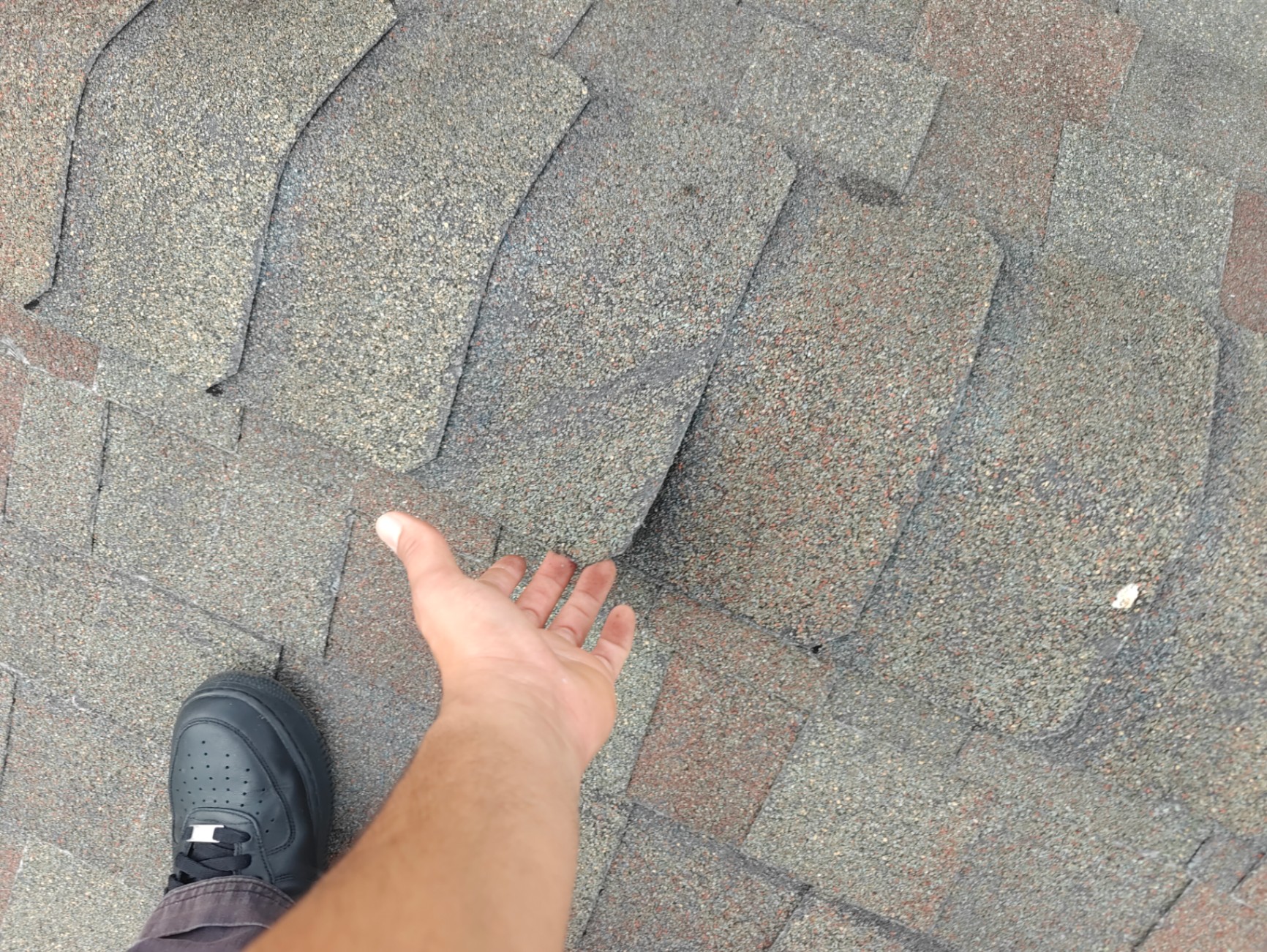 Roofer's hand under a torn, lifted shingle course